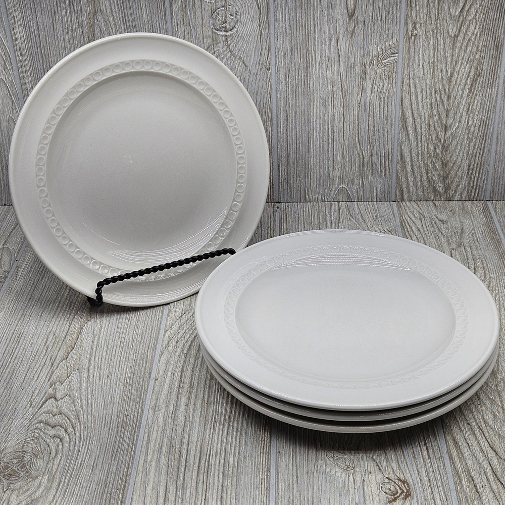 Shenango China White Cream Dinner Plates Set of 4 Embossed Circle Dot Rim